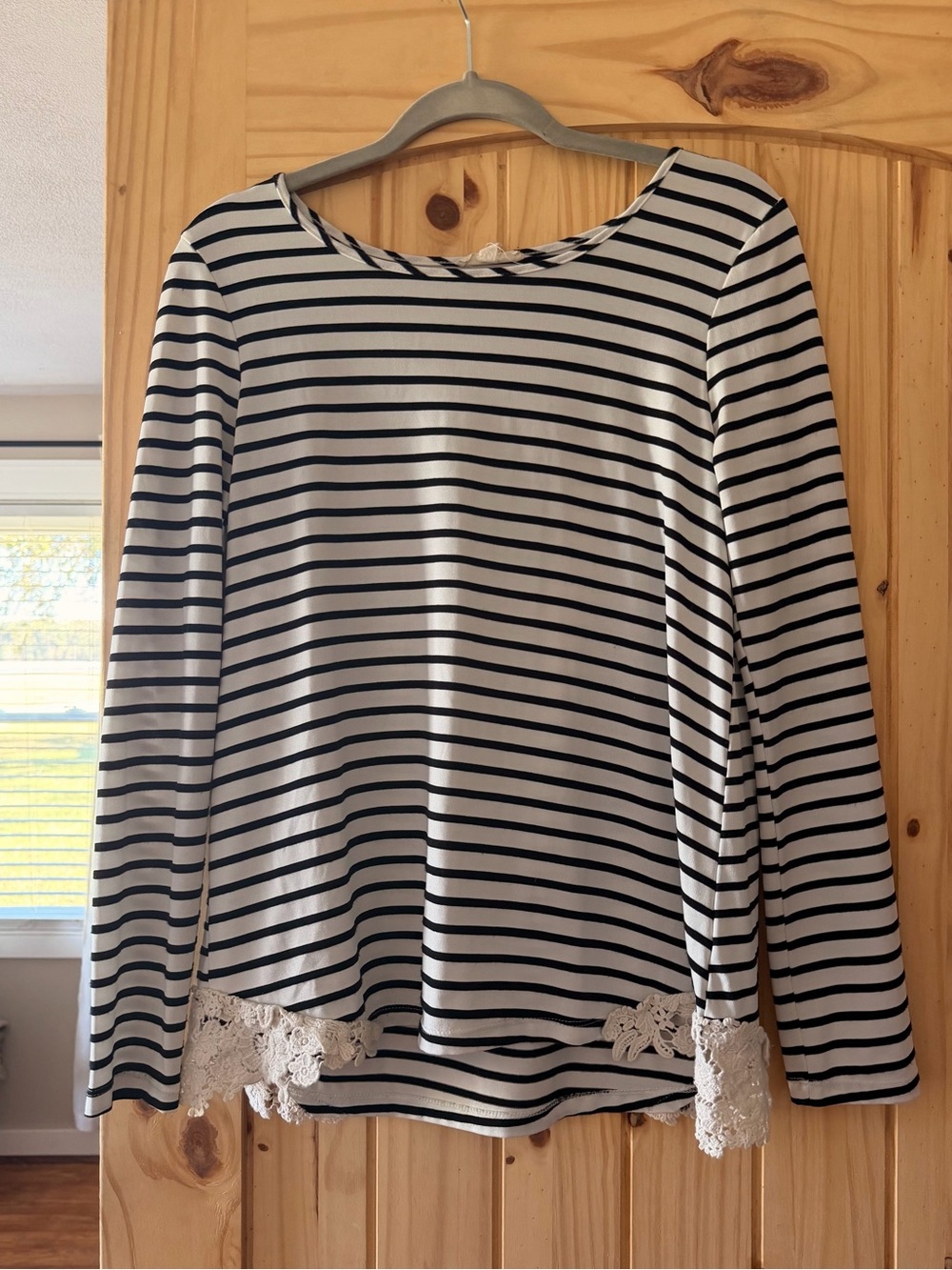 Striped Long Sleeve Top with Lace Trim - Black & White